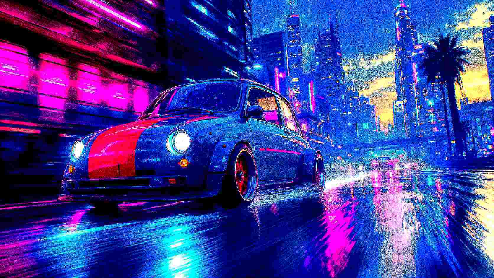 Neon car processed with the Nuclear deep fried image preset