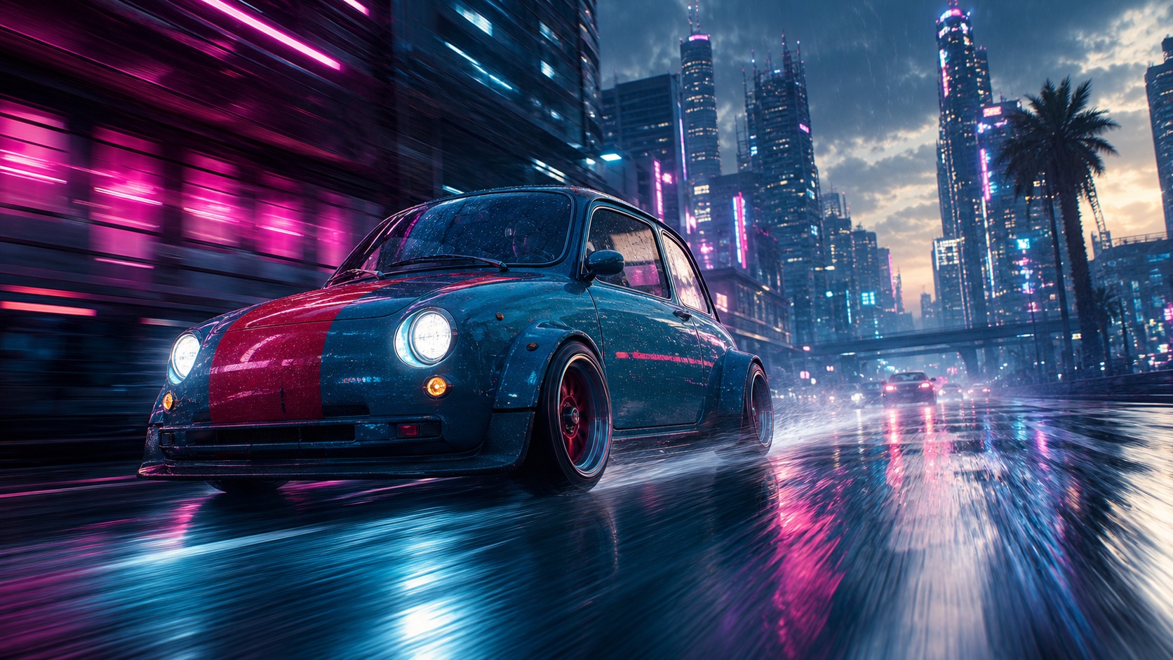 Clean neon car image before applying the deep fried effect