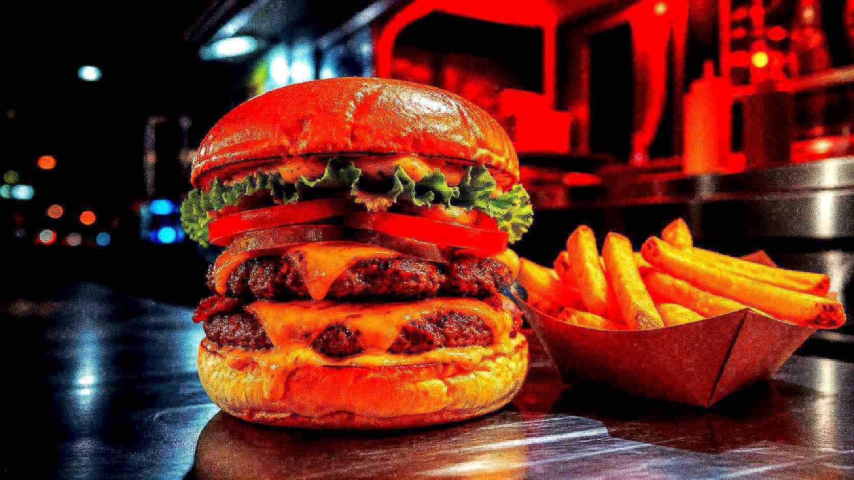 Cheeseburger and fries processed with the Burnt deep fried image effect